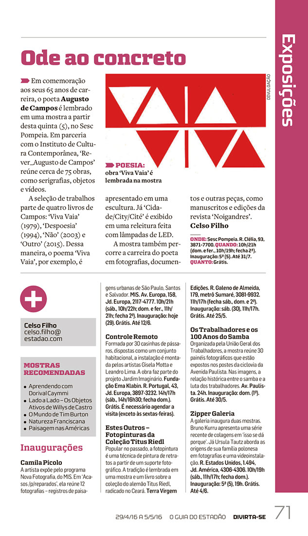 Estadão – Guia Divirta-se – 29.04.2016 | ICCo, São Paulo, Brazil